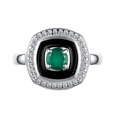 Inel din argint  cu pietre Cubic Zirconia Incolor, Agat verde și Emailare