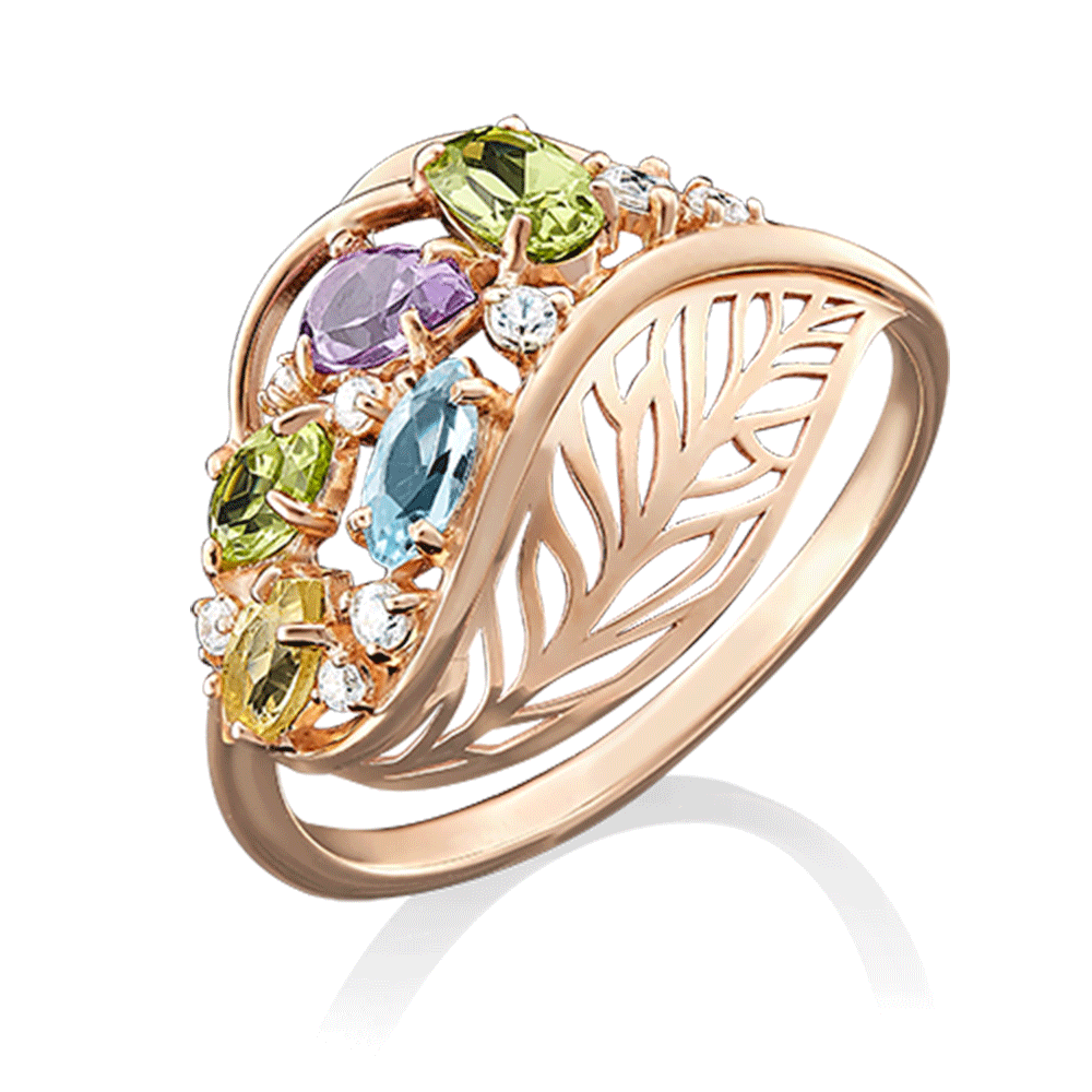 Inel din aur roșu cu pietre Cubic Zirconia Incolor, Ametist și Topaz albastru