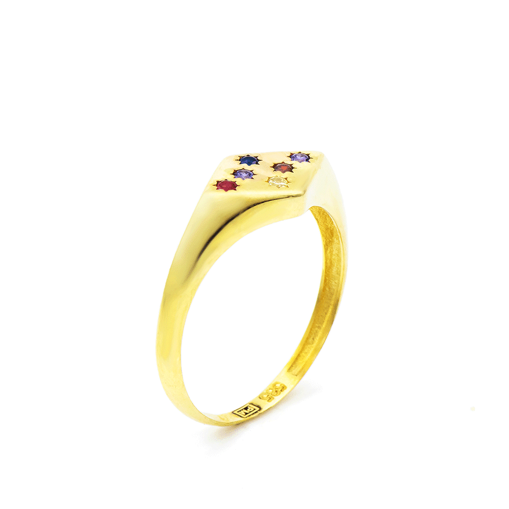 Inel din aur galben cu pietre Cubic Zirconia Albastru, Cubic Zirconia Roz și Cubic Zirconia Liliachiu