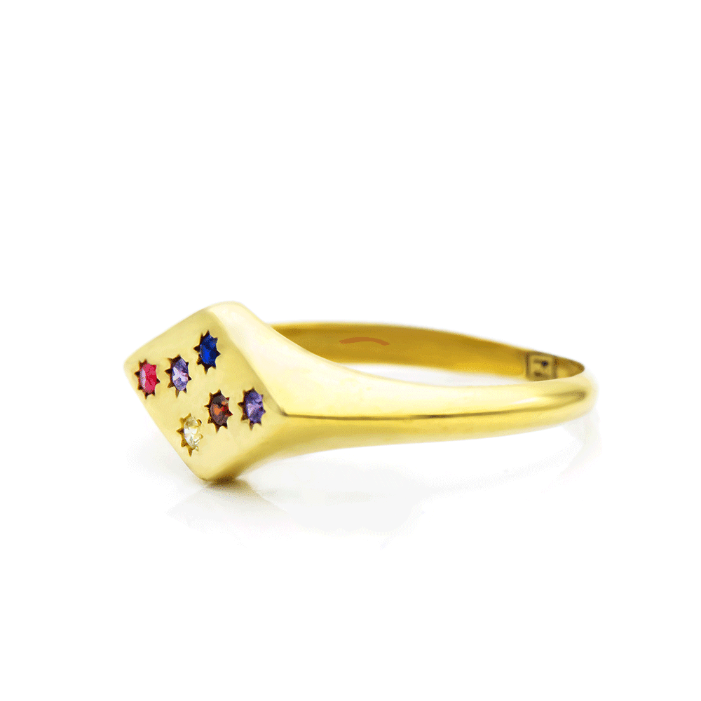 Inel din aur galben cu pietre Cubic Zirconia Albastru, Cubic Zirconia Roz și Cubic Zirconia Liliachiu