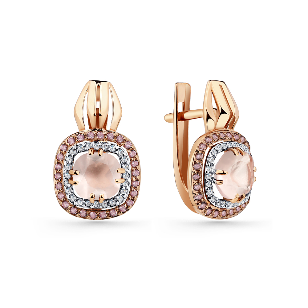 Cercei din aur roșu cu pietre Cubic Zirconia Incolor, Cubic Zirconia Roz și Cuarț roz