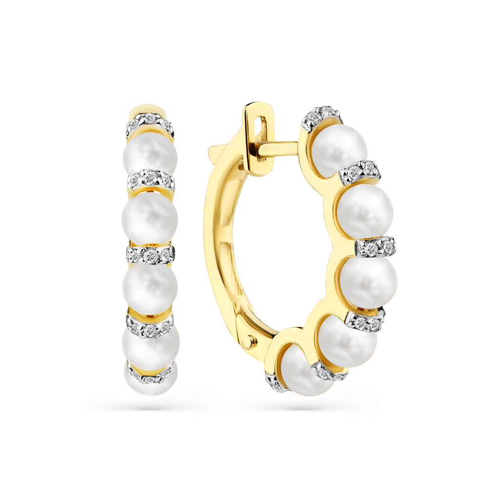 Cercei Creole din aur galben cu pietre Diamant, Perla Albă