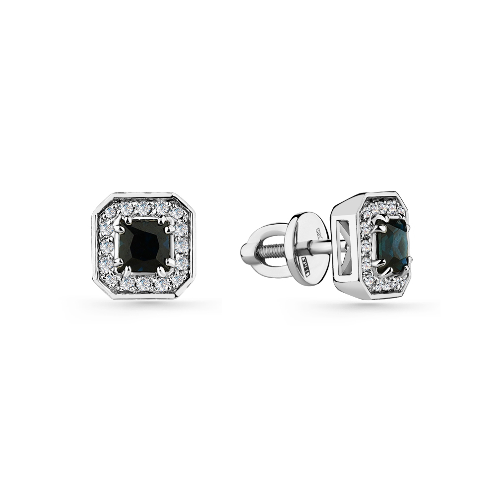 Cercei Pusete din aur alb cu pietre Diamant, Safir