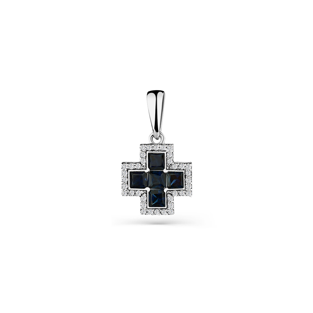 Cruce din aur alb cu pietre Diamant, Safir