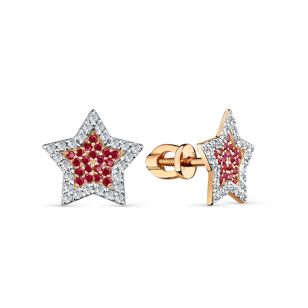 Cercei Pusete din aur roșu cu pietre Diamant, Rubin