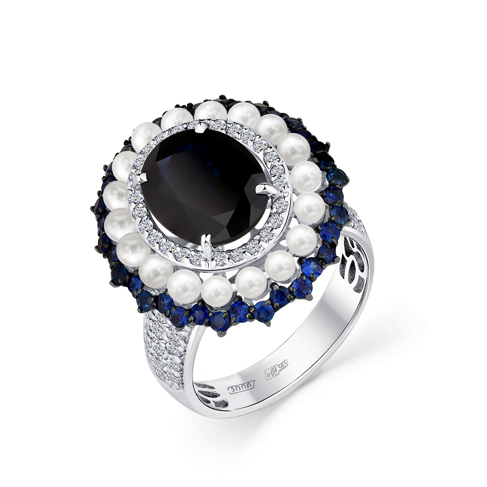 Inel din aur alb cu pietre Diamant, Safir și Perla Albă
