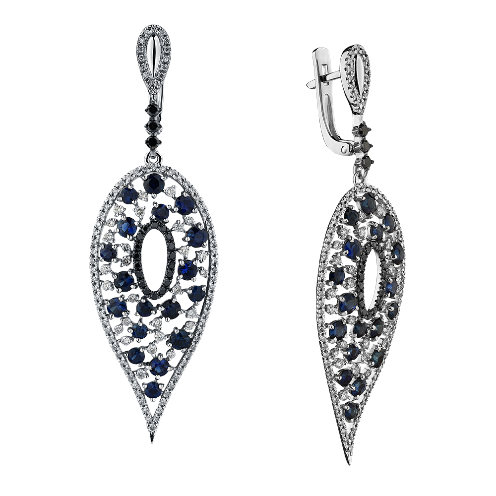 Cercei Suspendați din aur alb cu pietre Diamant, Diamant negru și Safir