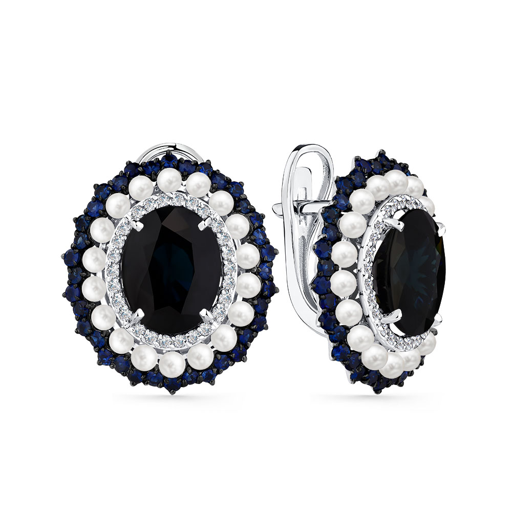 Cercei din aur alb cu pietre Diamant, Safir și Perla Albă