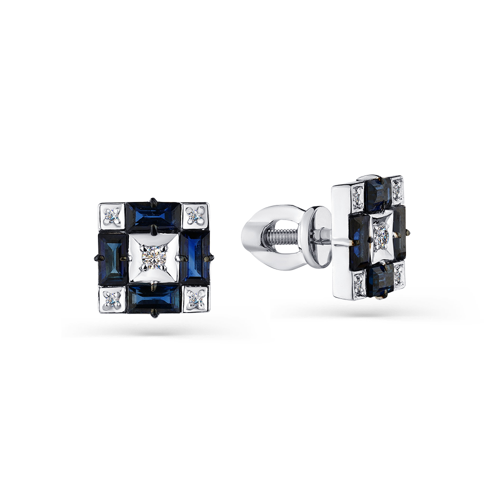 Cercei Pusete din aur alb cu pietre Diamant, Safir