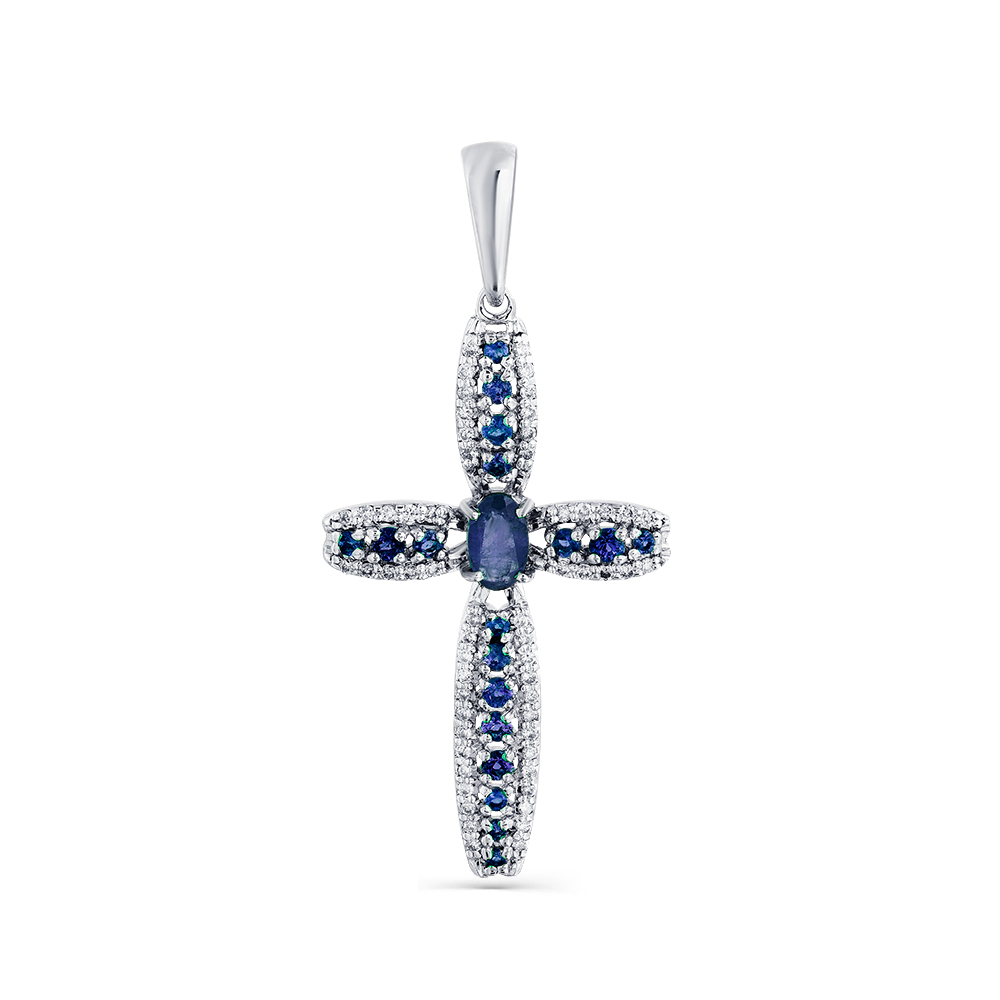 Cruce din aur alb cu pietre Diamant, Safir