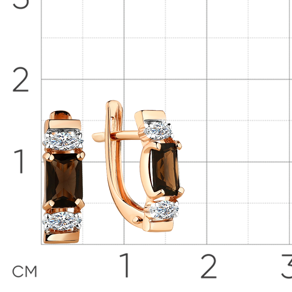 Cercei din aur roșu cu pietre Cubic zirconia, Cuarț fumuriu