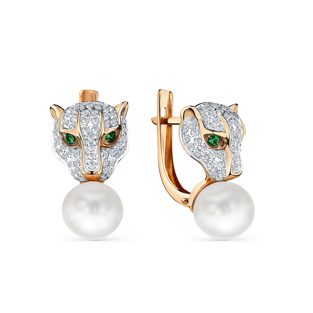 Cercei din aur roșu cu pietre Cubic Zirconia Incolor, Perla Albă