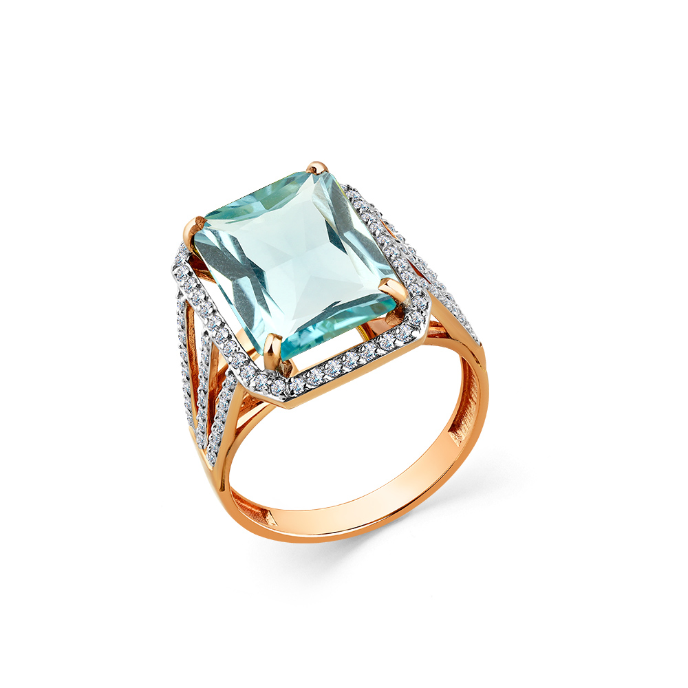 Inel din aur roșu cu pietre Cubic Zirconia Incolor, Aquamarin (sintetic)