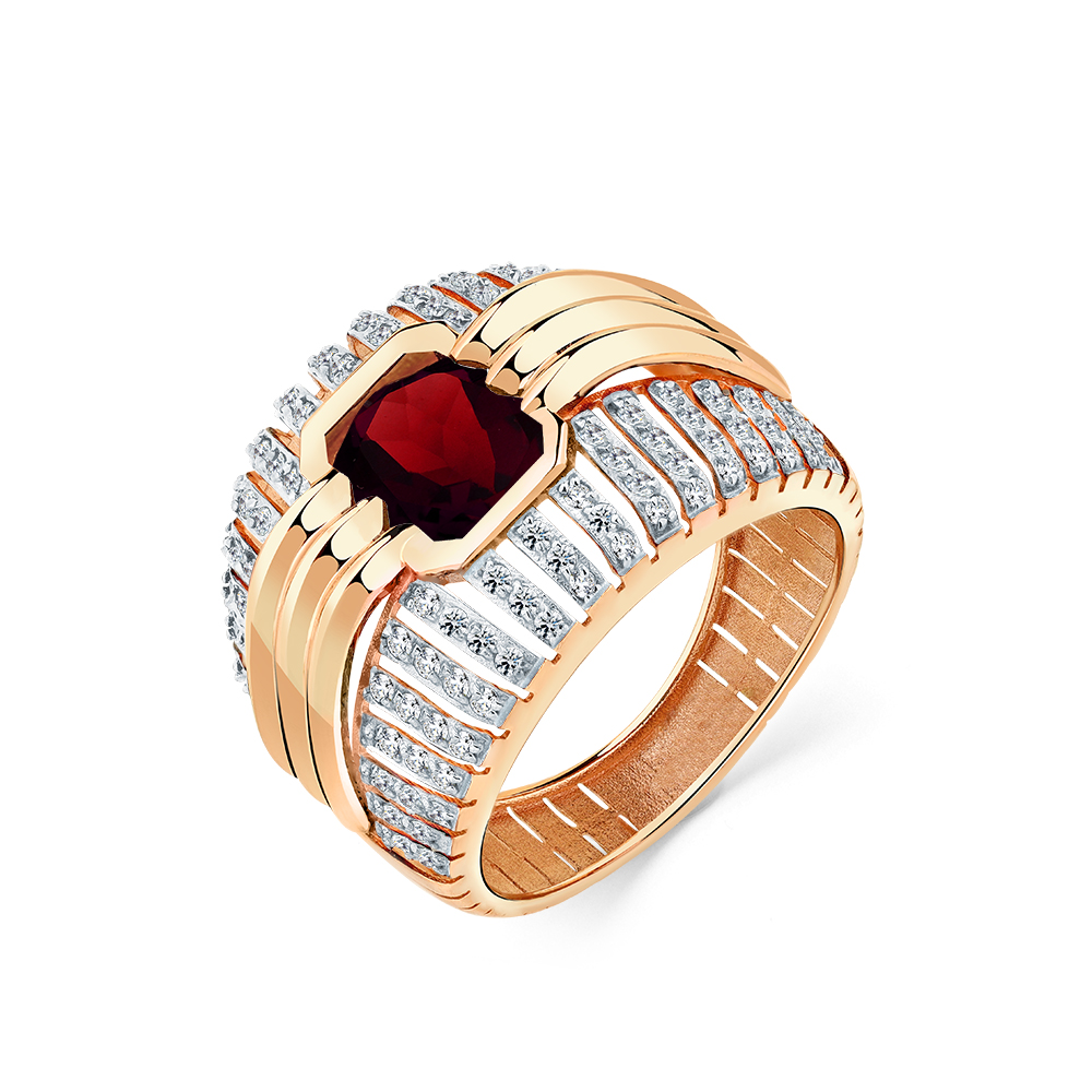 Inel din aur roșu cu pietre Cubic Zirconia Incolor, Granat