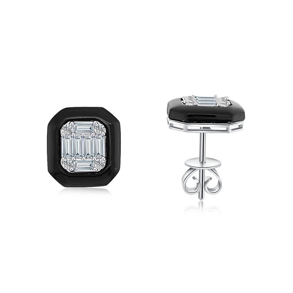 Cercei Pusete din aur alb cu pietre Diamant, Onix negru