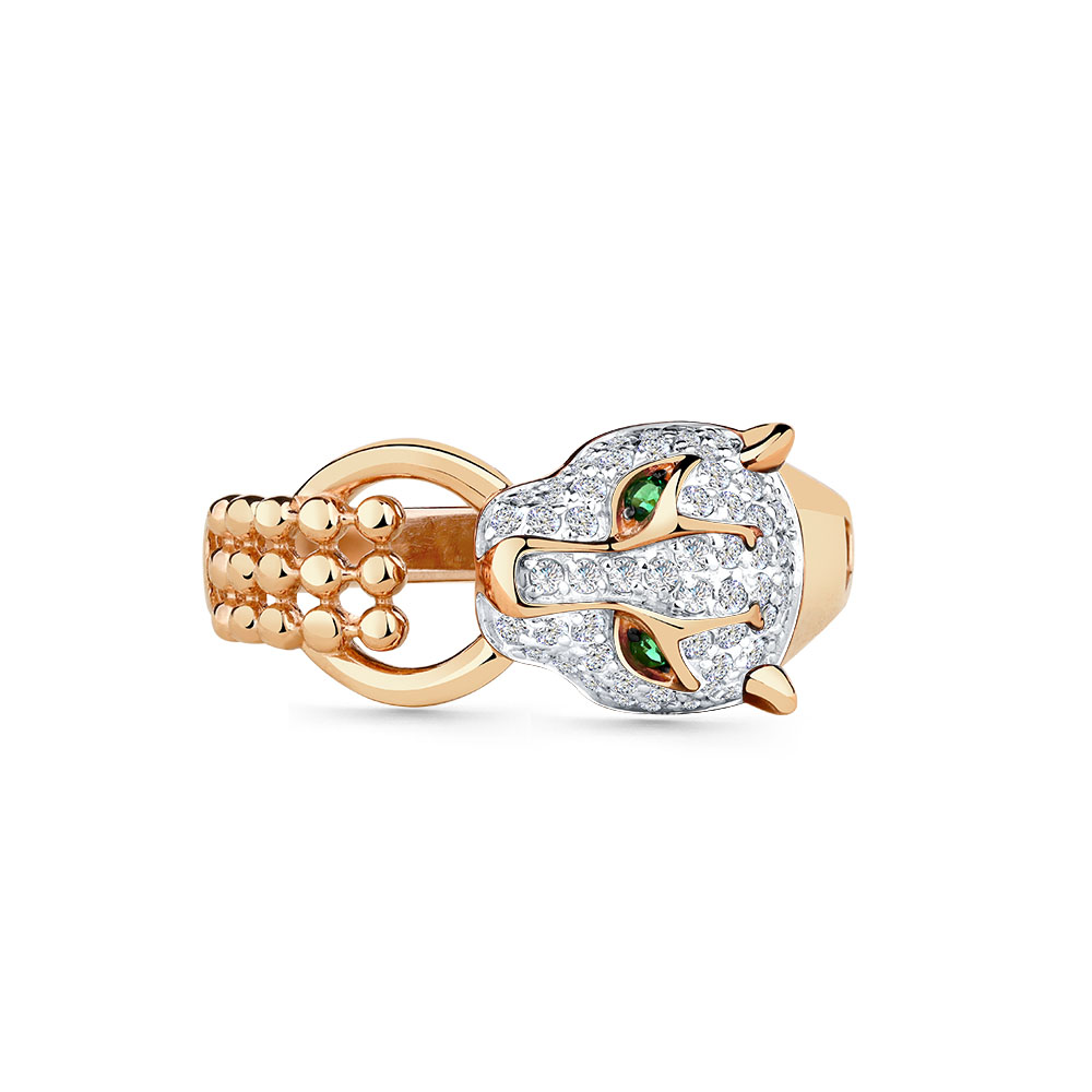 Inel din aur roșu cu pietre Cubic Zirconia Incolor, Cubic Zirconia Verde