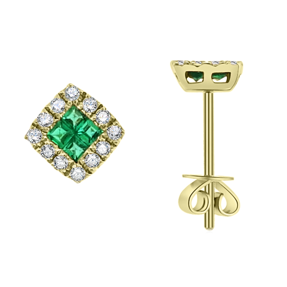 Cercei Pusete din aur galben cu pietre Diamant, Smarald