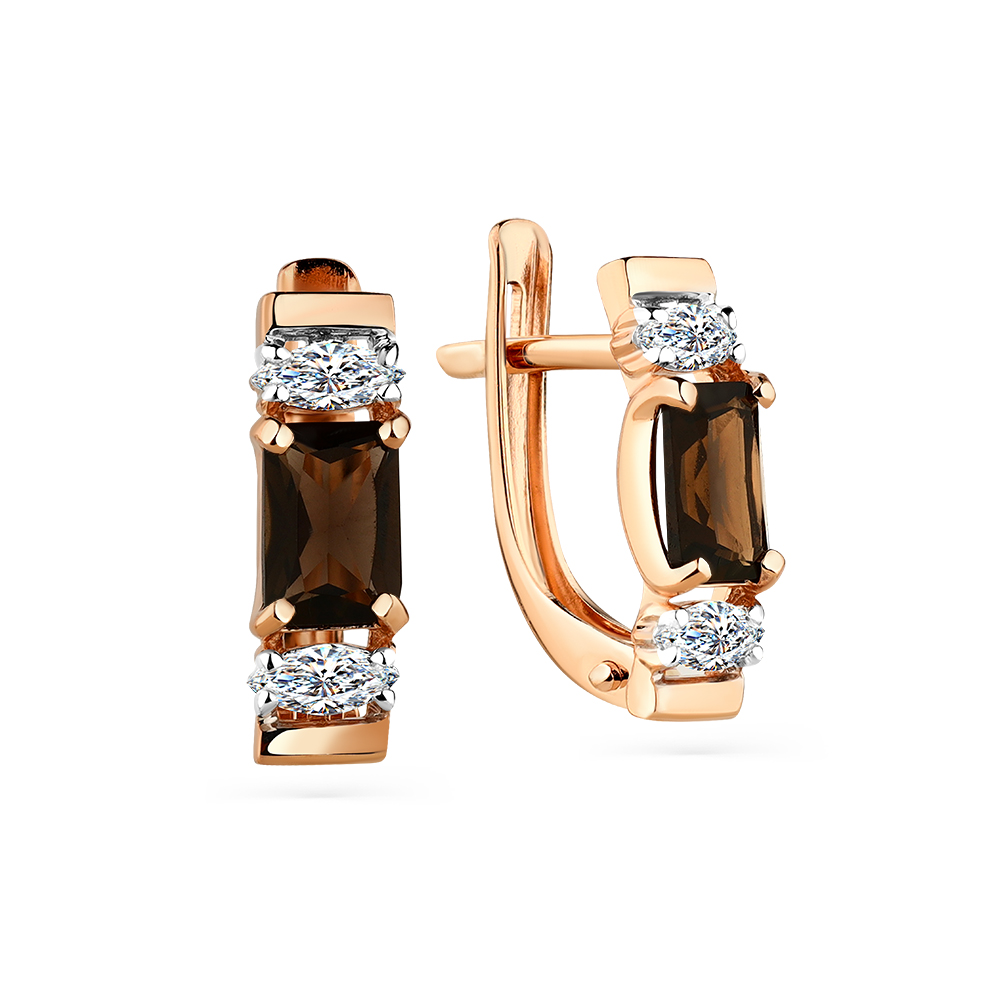 Cercei din aur roșu cu pietre Cubic zirconia, Cuarț fumuriu