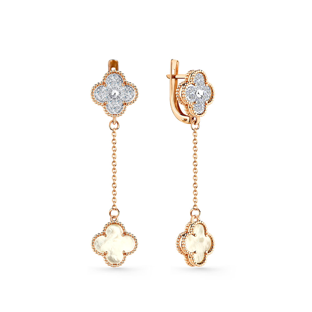 Cercei Suspendați din aur roșu cu pietre Cubic Zirconia Incolor, Sidef Alb