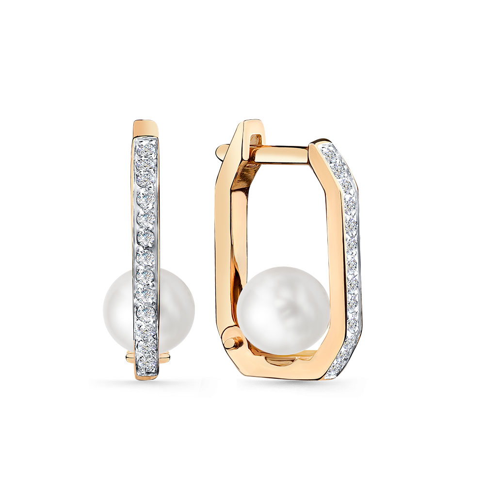 Cercei din aur roșu cu pietre Cubic Zirconia Incolor, Perla Albă