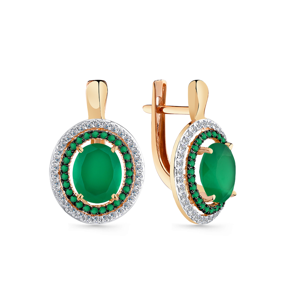 Cercei din aur roșu cu pietre Cubic Zirconia Incolor, Cubic Zirconia Verde și Agat verde