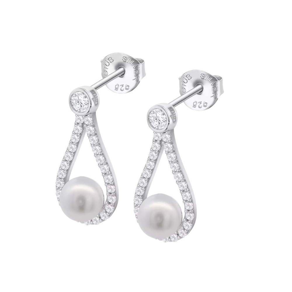 Cercei din argint cu Cubic Zirconia Incolor, Perla Albă