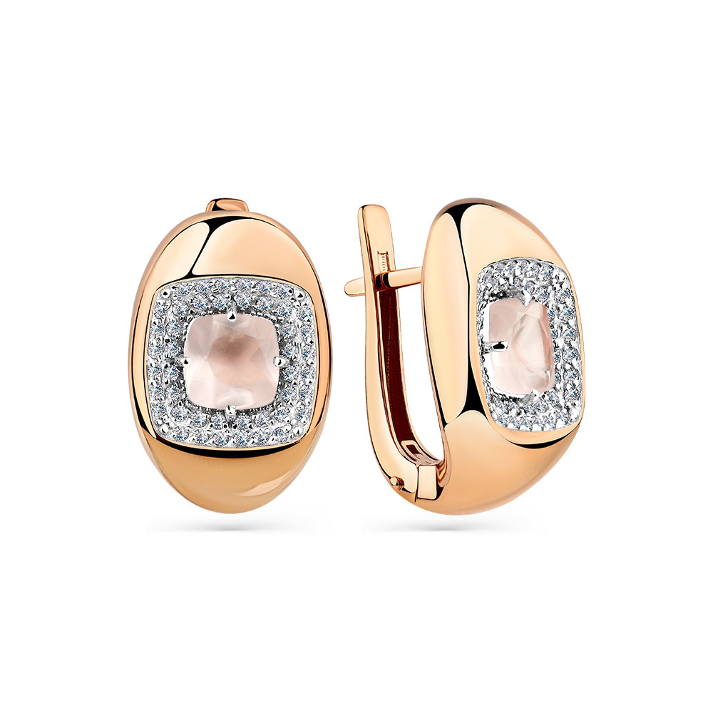 Cercei din aur roșu cu pietre Cuarț roz, Cubic Zirconia Incolor
