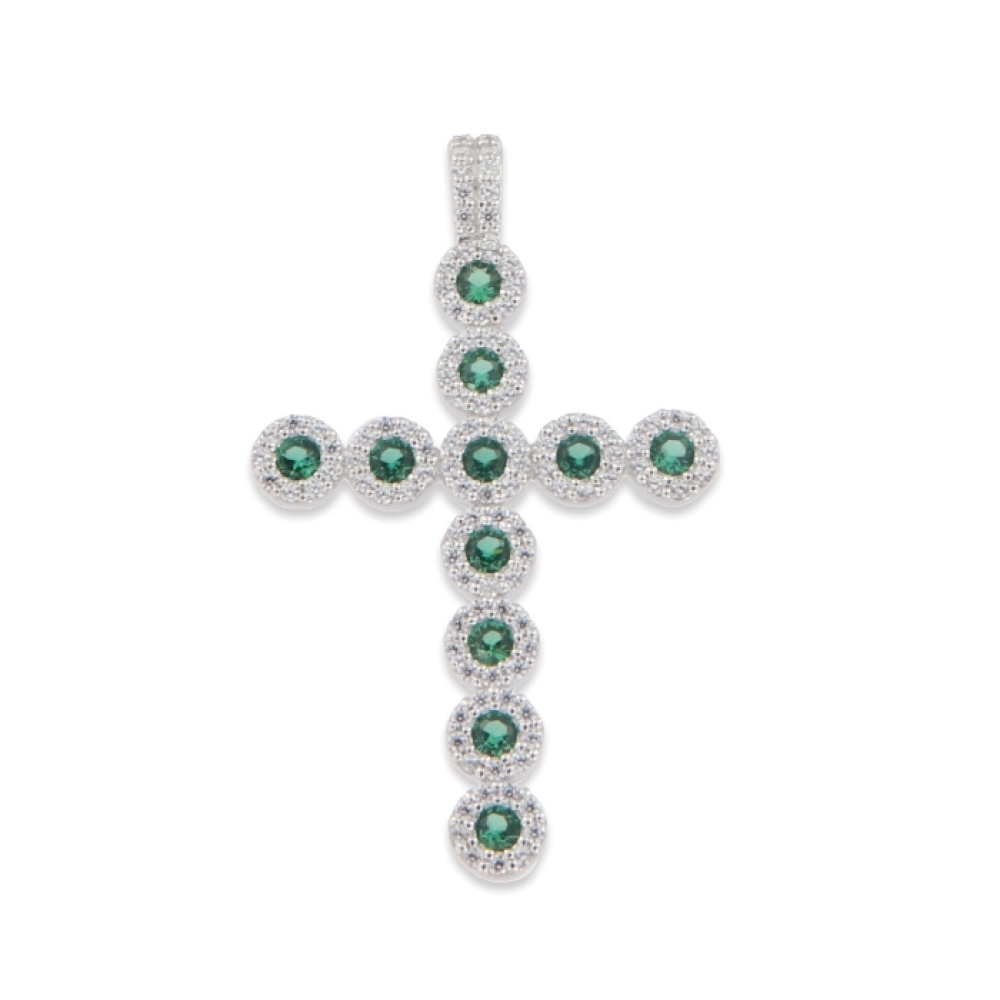 Cruce din argint  cu pietre Cubic Zirconia Incolor, Cubic Zirconia Verde