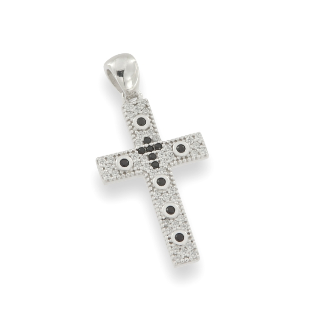 Cruce din argint  cu pietre Cubic Zirconia Incolor, Cubic Zirconia Negru