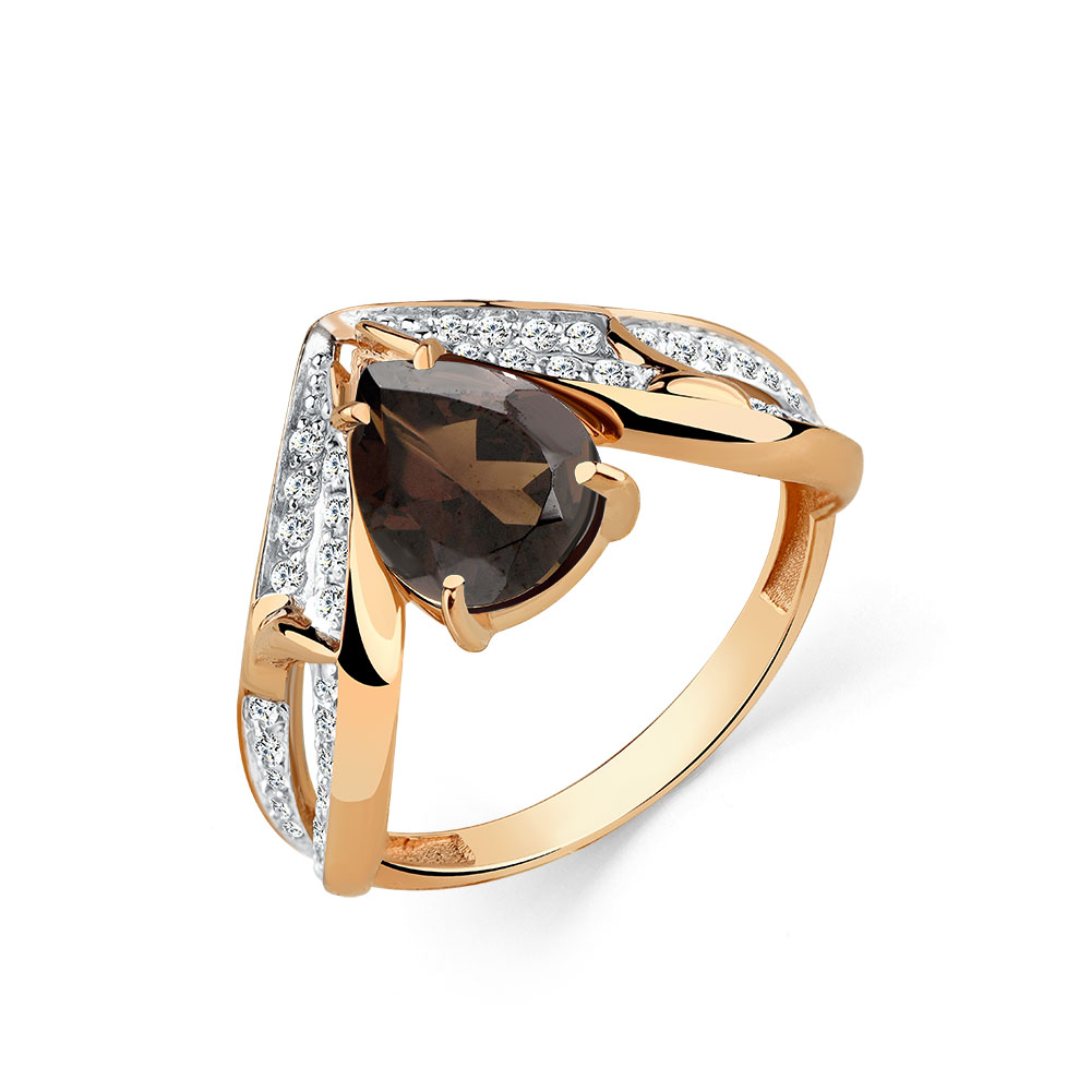 Inel din aur roșu cu pietre Cubic Zirconia Incolor, Cuarț fumuriu