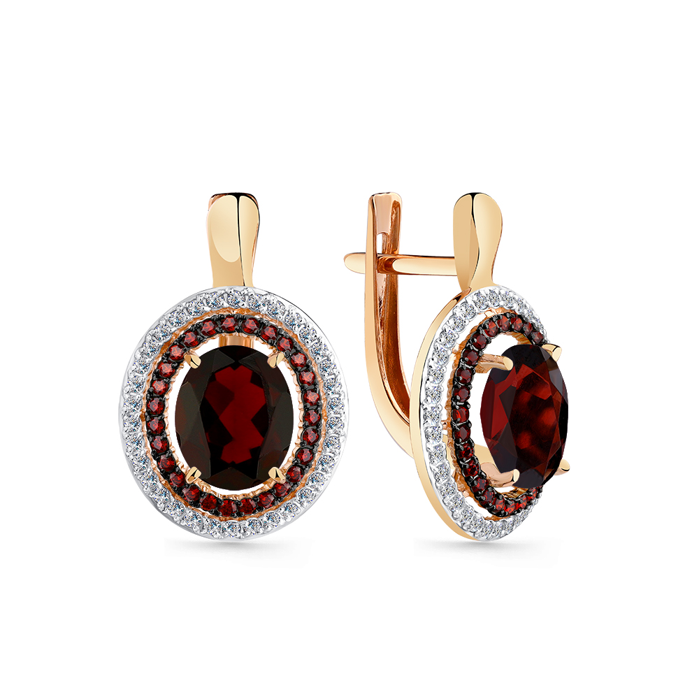 Cercei din aur roșu cu pietre Cubic Zirconia Incolor, Cubic Zirconia Roșu și Granat