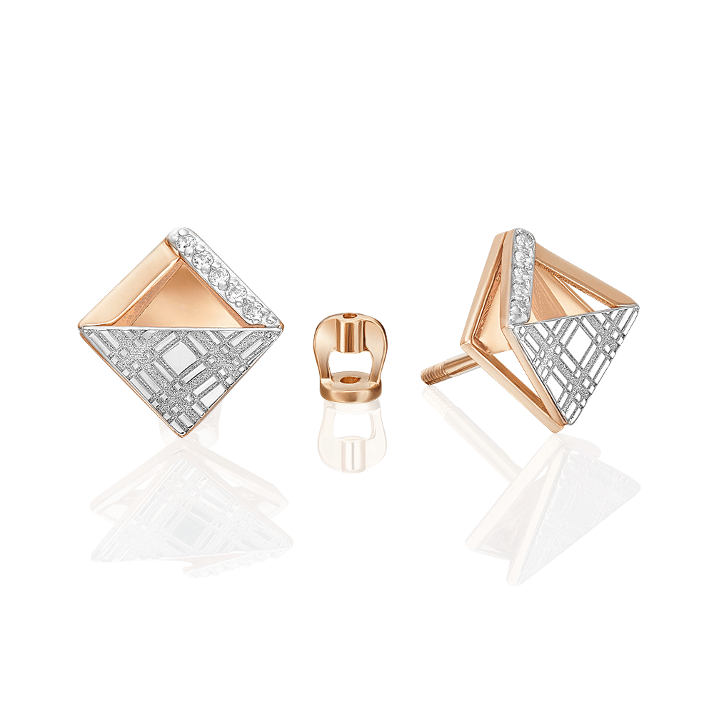 Cercei Pusete din aur alb și roșu cu pietre Cubic Zirconia Incolor