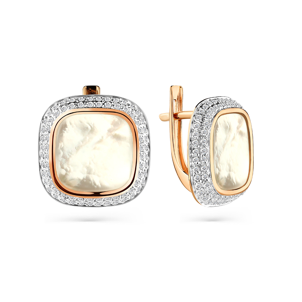 Cercei din aur roșu cu pietre Cubic zirconia, Sidef Alb