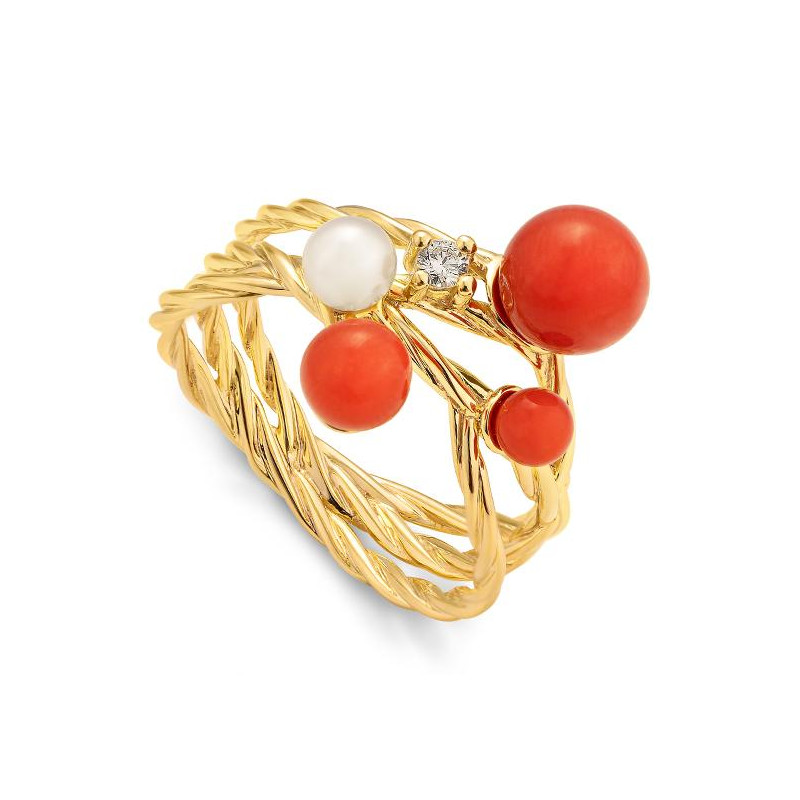 Inel din aur galben cu pietre Diamant, Perla Albă și Coral
