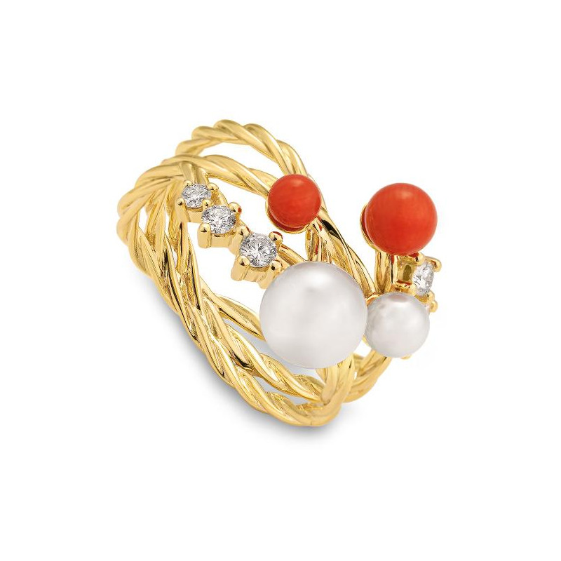 Inel din aur galben cu pietre Diamant, Perla Albă și Coral