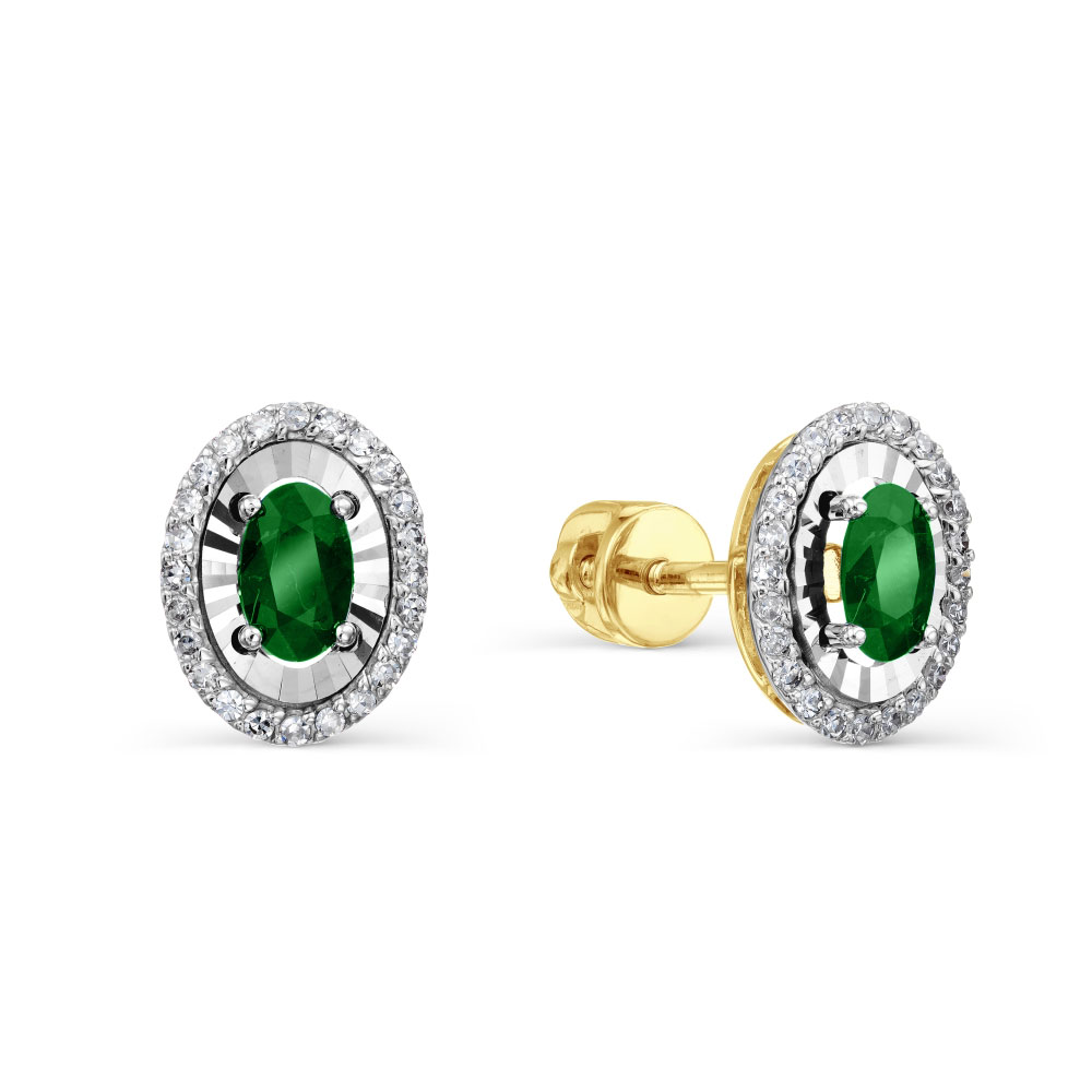 Cercei Pusete din aur galben cu pietre Diamant, Smarald