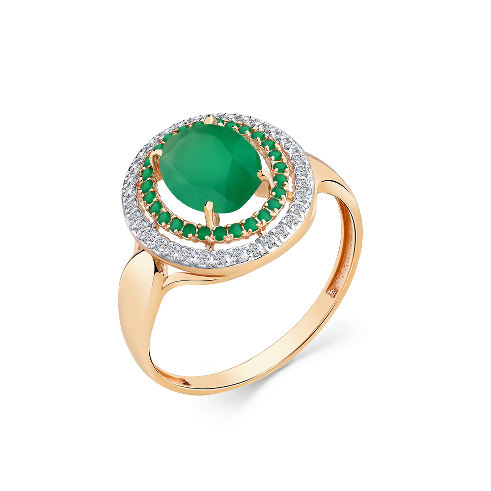 Inel din aur roșu cu pietre Cubic Zirconia Incolor, Cubic Zirconia Verde și Agat verde
