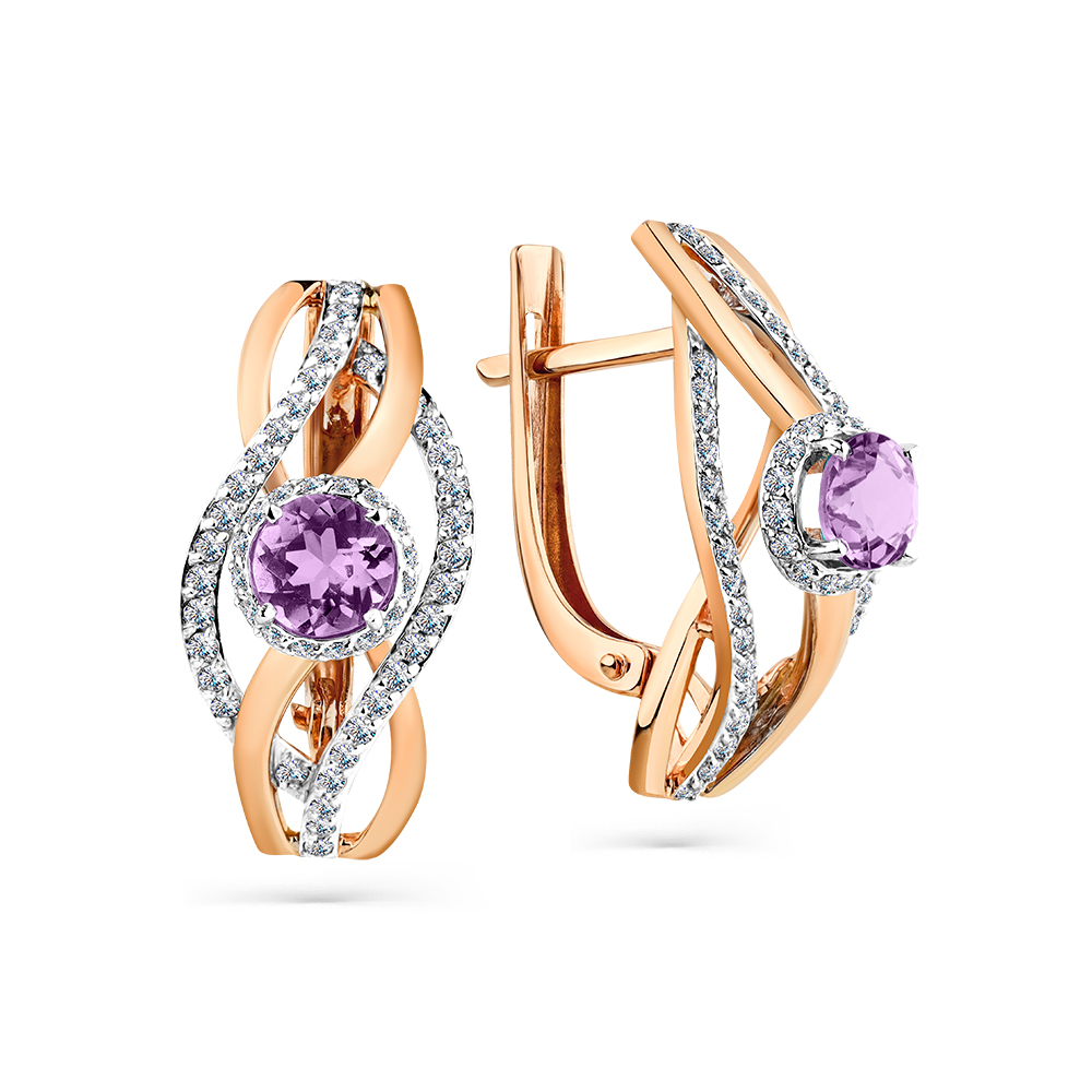 Cercei din aur roșu cu pietre Cubic Zirconia Incolor, Ametist