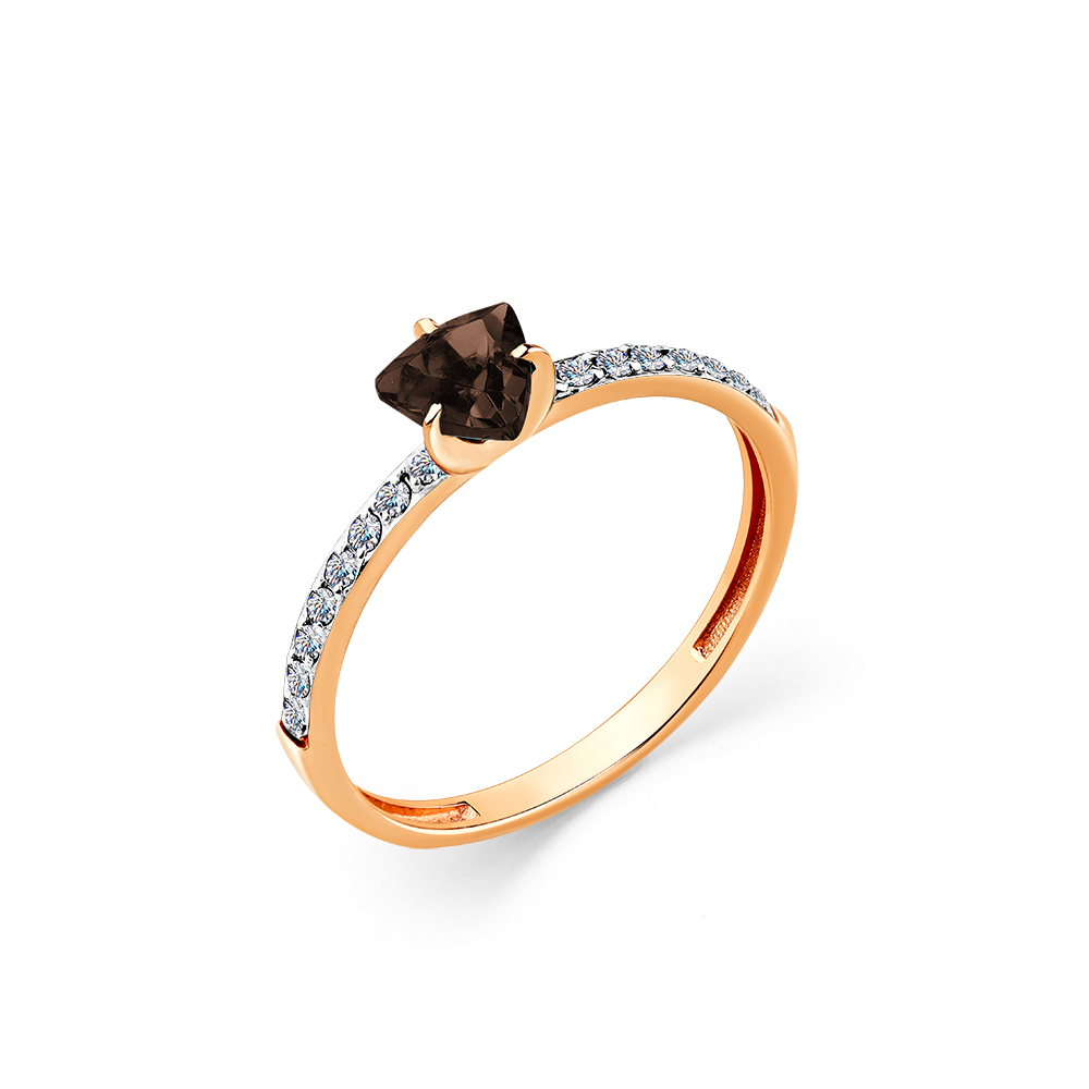 Inel din aur roșu cu pietre Cubic zirconia, Cuarț fumuriu