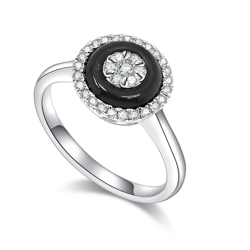 Inel din aur alb cu pietre Diamant, Onix negru