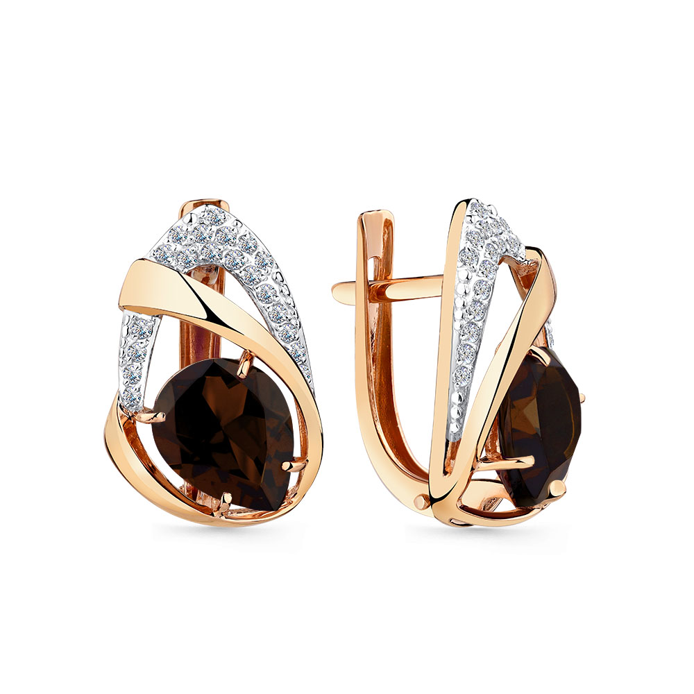 Cercei din aur roșu cu pietre Cubic Zirconia Incolor, Cuarț fumuriu