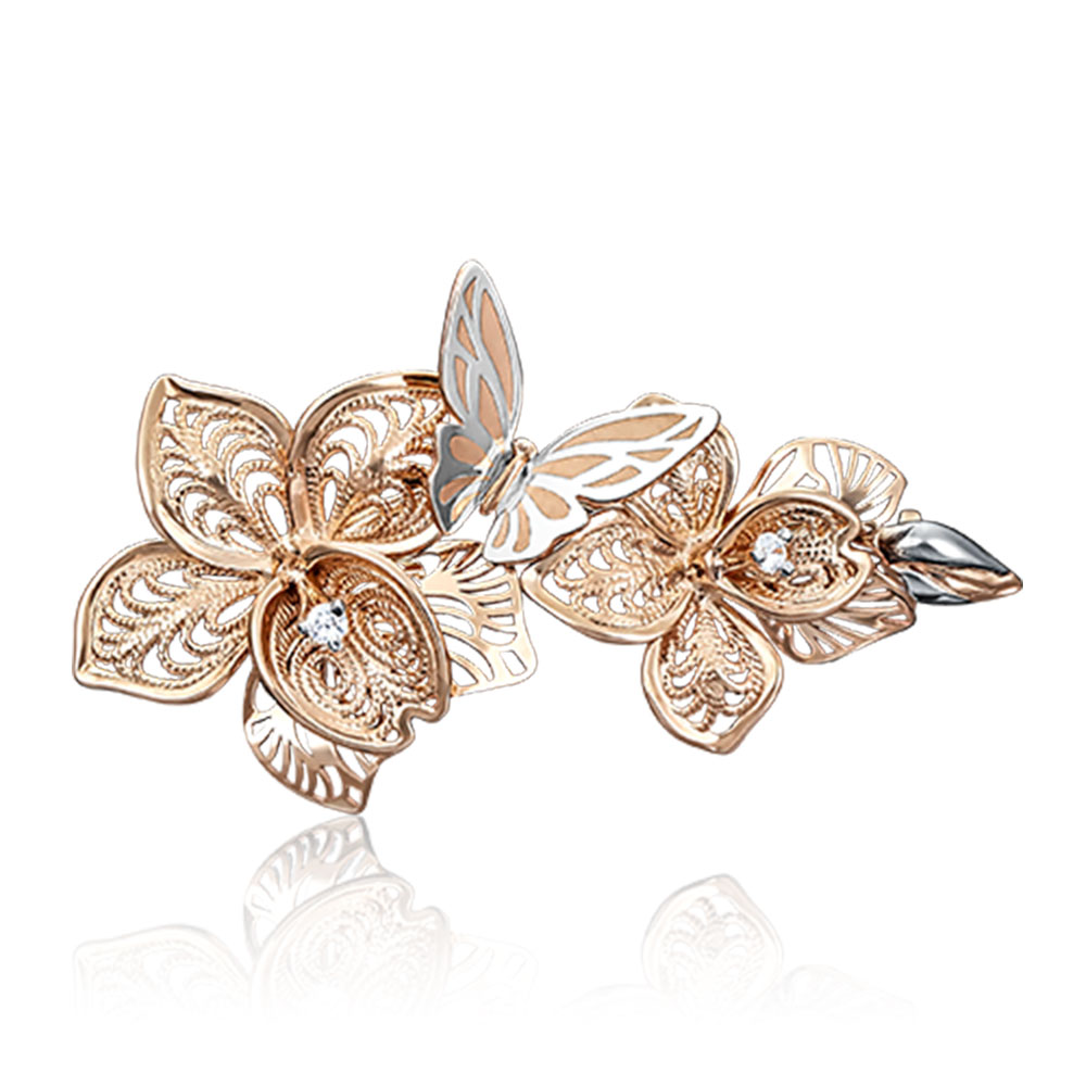 Broșă din aur roșu cu pietre Cubic zirconia