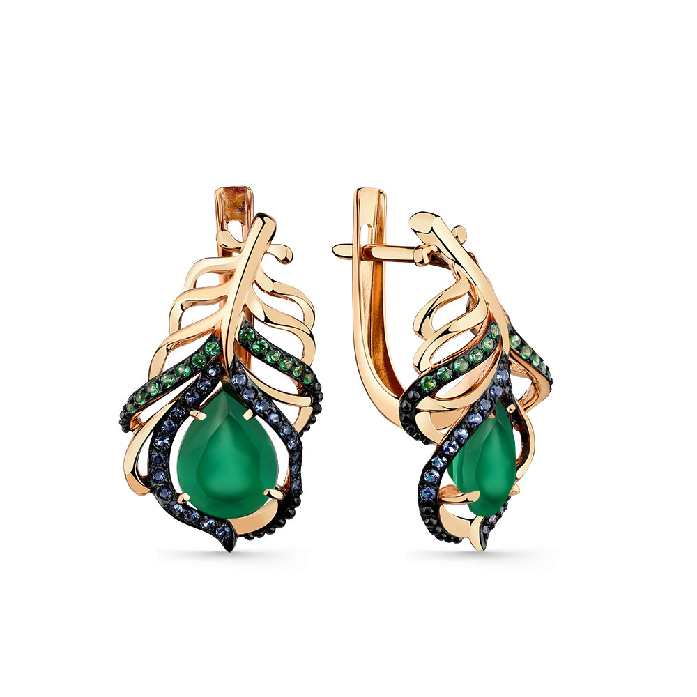 Cercei din aur roșu cu pietre Cubic Zirconia Verde, Cubic Zirconia Albastru Safir și Agat verde