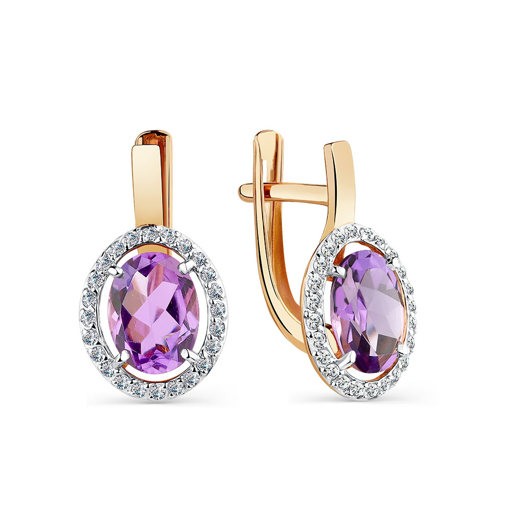 Cercei din aur roșu cu pietre Cubic Zirconia Incolor, Ametist