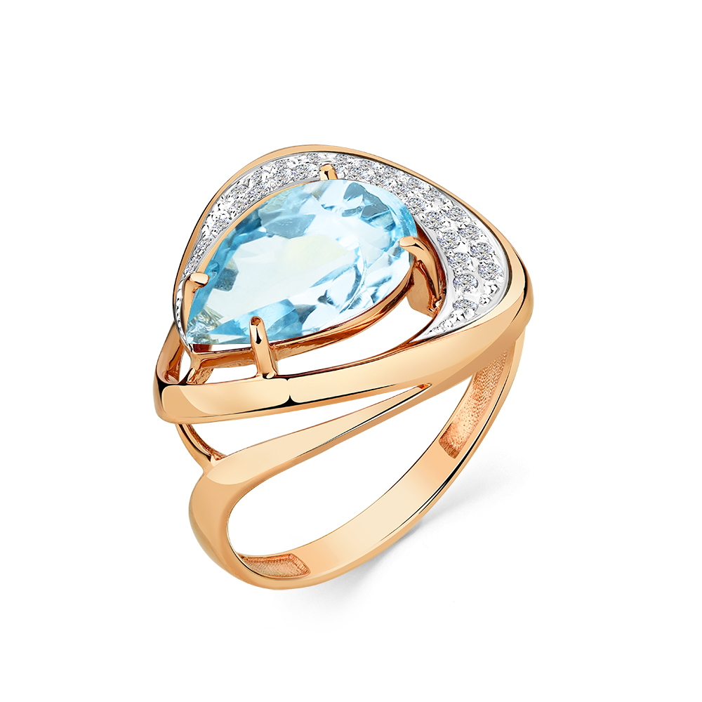 Inel din aur roșu cu pietre Cubic Zirconia Incolor, Topaz albastru
