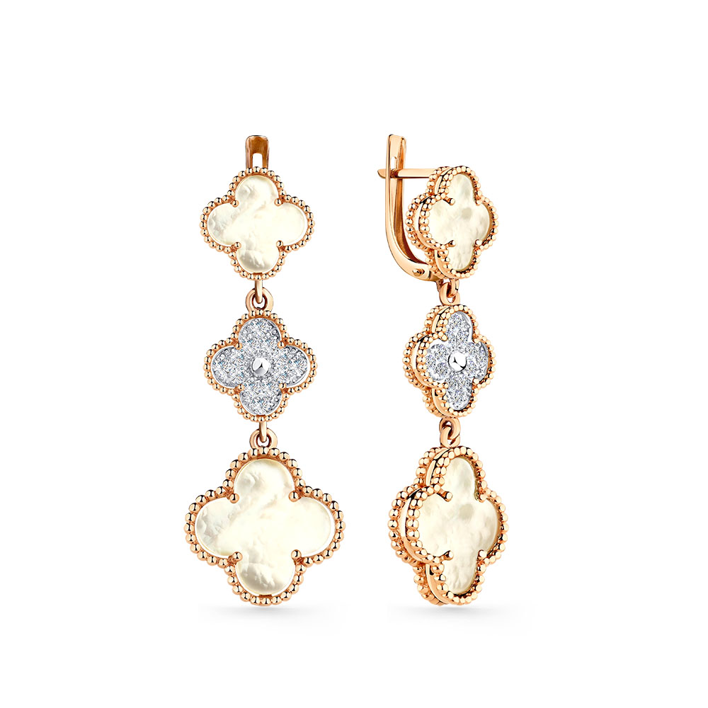 Cercei Suspendați din aur roșu cu pietre Cubic Zirconia Incolor, Sidef Alb