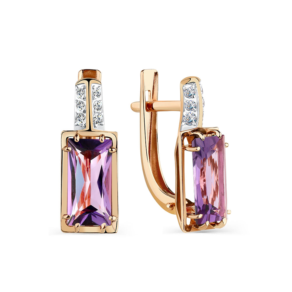 Cercei din aur roșu cu pietre Cubic Zirconia Incolor, Ametist