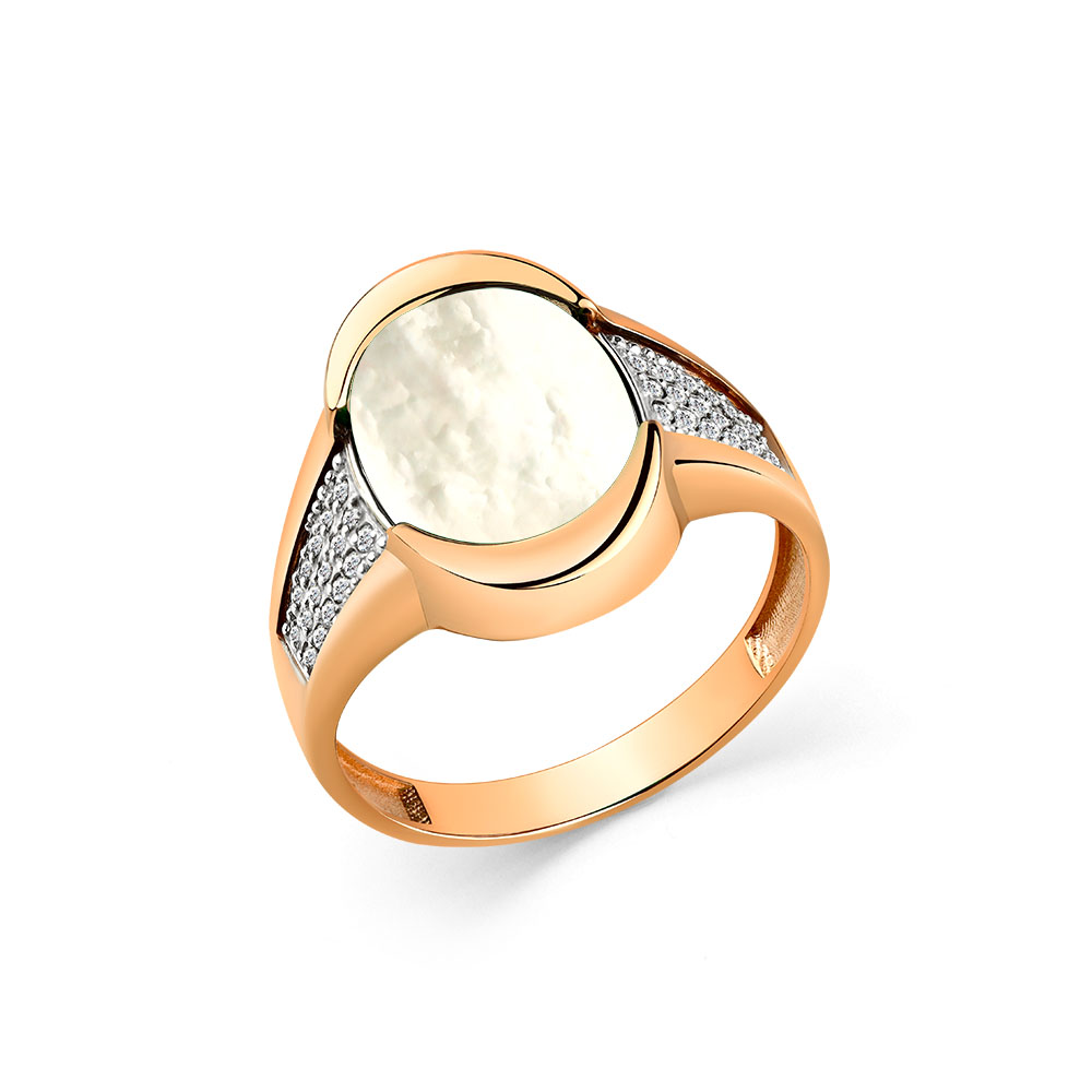 Inel din aur roșu cu pietre Cubic zirconia, Sidef Alb