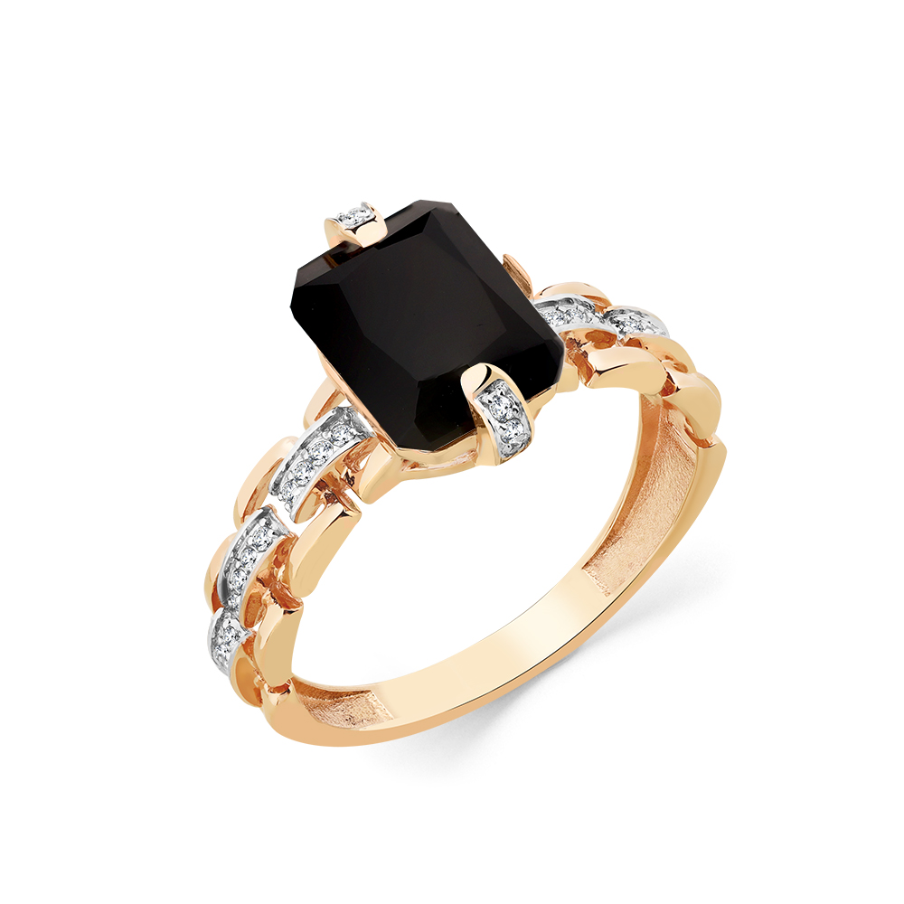 Inel din aur roșu cu pietre Cubic Zirconia Incolor, Agat negru