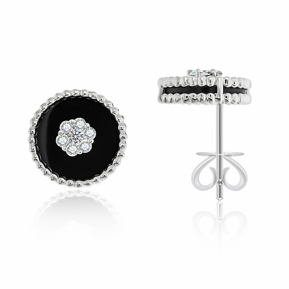 Cercei Pusete din aur alb cu pietre Diamant, Onix negru